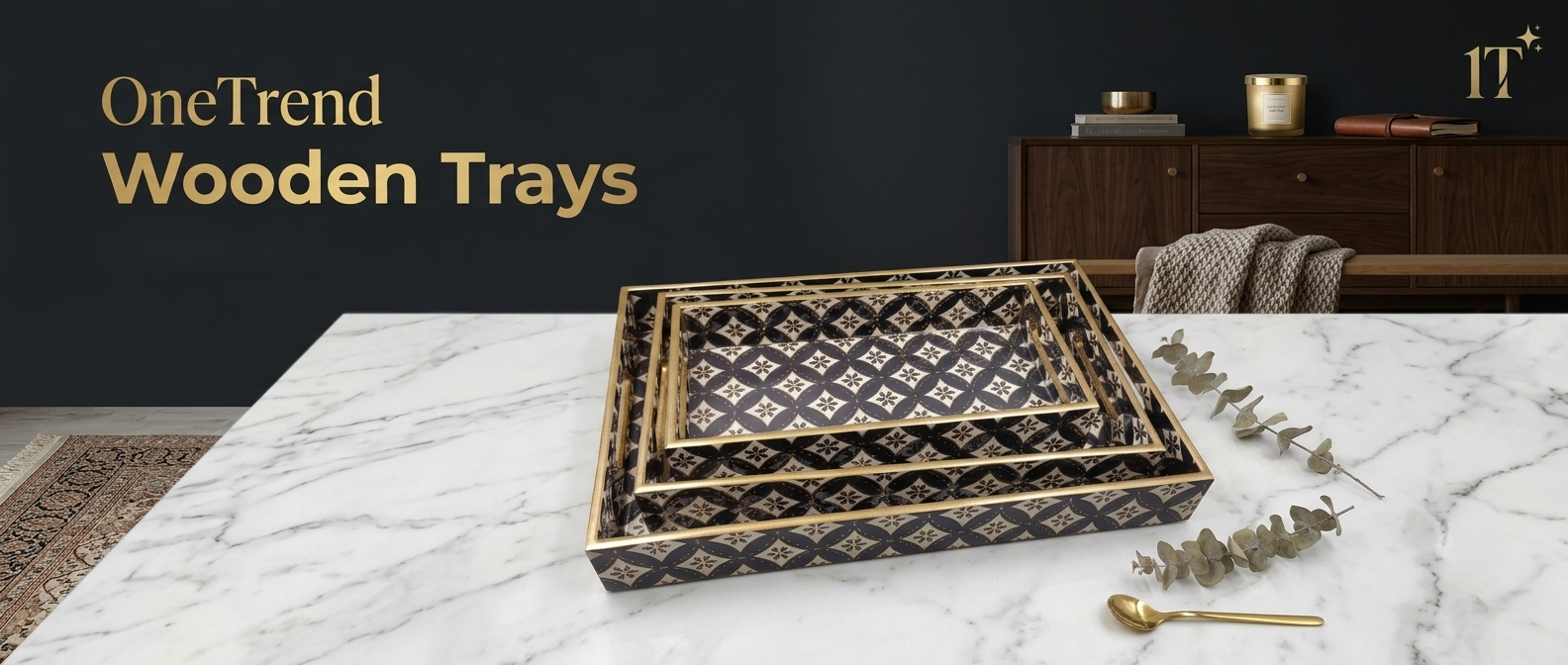 Luxury Decorative Serving Tray Set handcrafted from premium wood by OneTrend, Indian manufacturer and exporter for wholesale home décor, hospitality, and global B2B buyers.