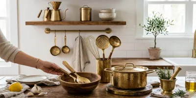 Handcrafted brass kitchenware products displayed in a premium kitchen setting for global wholesale and export sourcing.