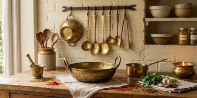 Handcrafted brass kitchenware and spice jars displayed in a modern aesthetic kitchen