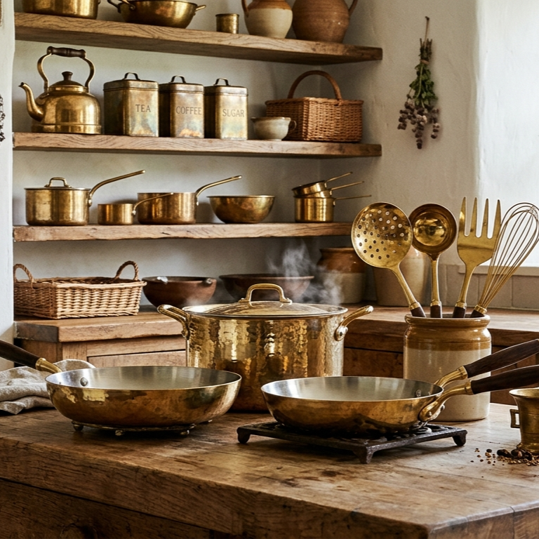 Premium handcrafted brass kitchenware collection including brass utensils, bowls, cookware, serving trays, and dining accessories by OneTrend manufacturer exporter.