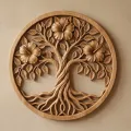 Handcrafted wooden home decor products including wooden photo frames, wall decor pieces, decorative accents, and wooden clocks displayed in an elegant interior setting.
