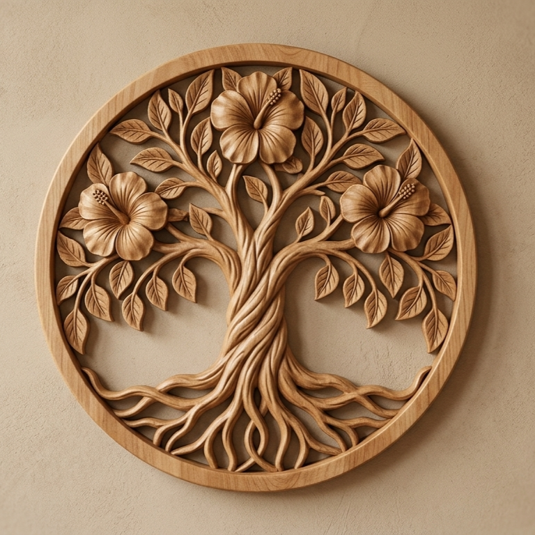 Handcrafted wooden home decor products including wooden photo frames, wall decor pieces, decorative accents, and wooden clocks displayed in an elegant interior setting.