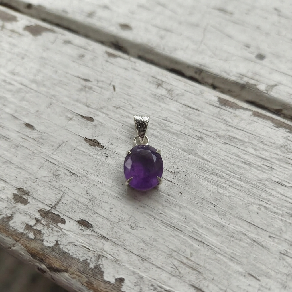 Amethyst Necklace Purple Stone Pendant Hanging From Silver Tone Chain
