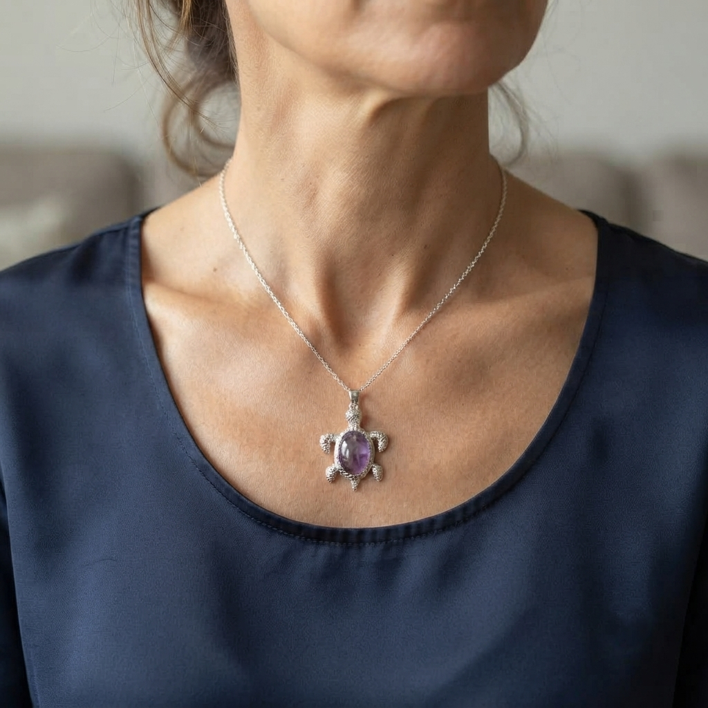 Purple Amethyst Turtle Jewelry Pendant Shown With Silver-Tone Chain