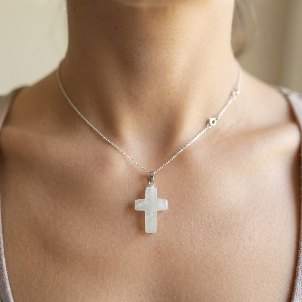 Clear quartz cross pendant with included chain worn as a Christian necklace