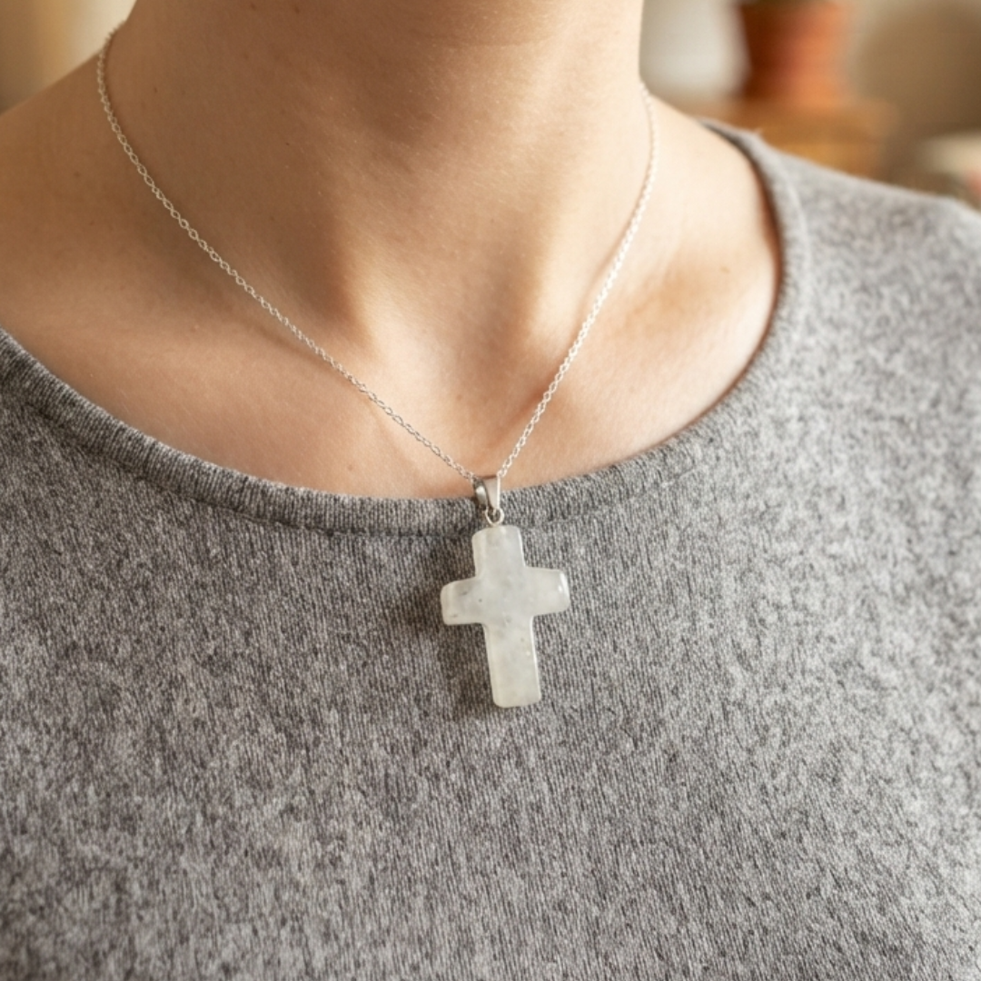 Clear quartz cross pendant necklace worn on a person with a silver-tone chain