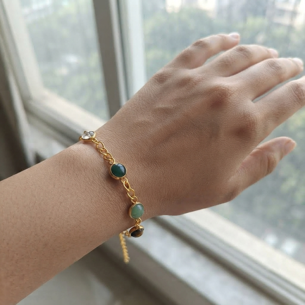 Gold Tone Bracelet With Bezel-Set Multicolor Gemstone Beads