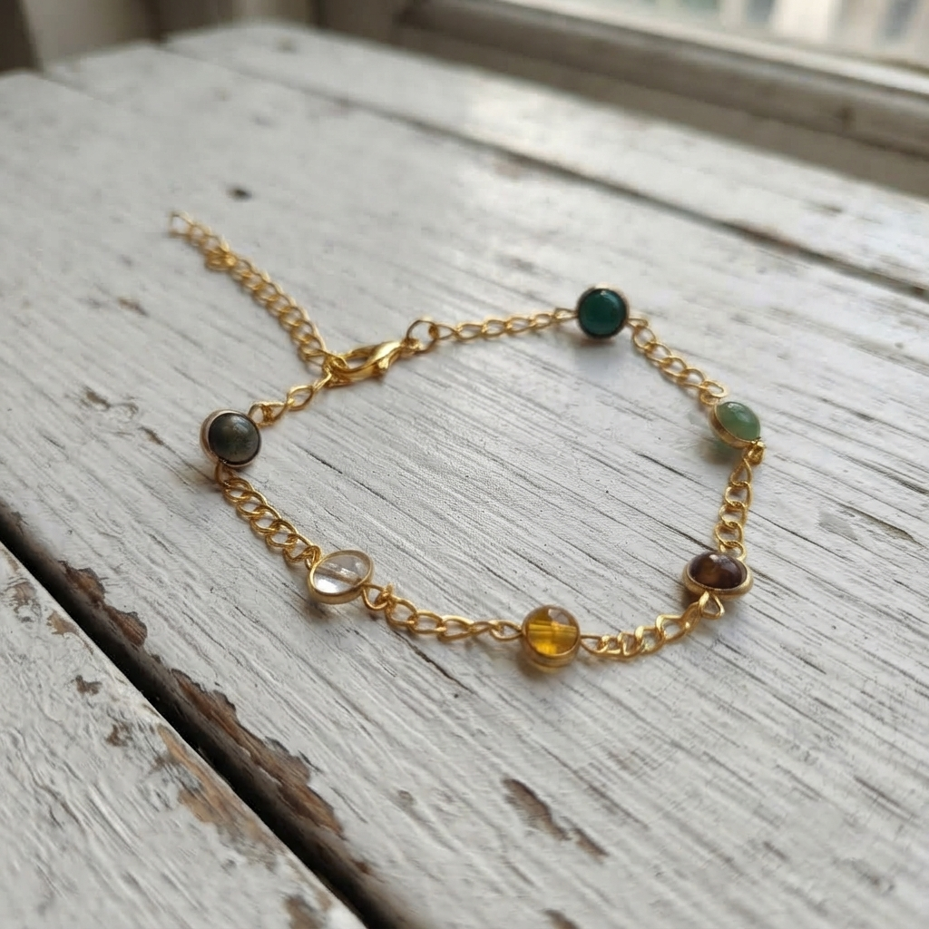 Gold Tone Bracelet With Round Multicolor Beads On Chain Links