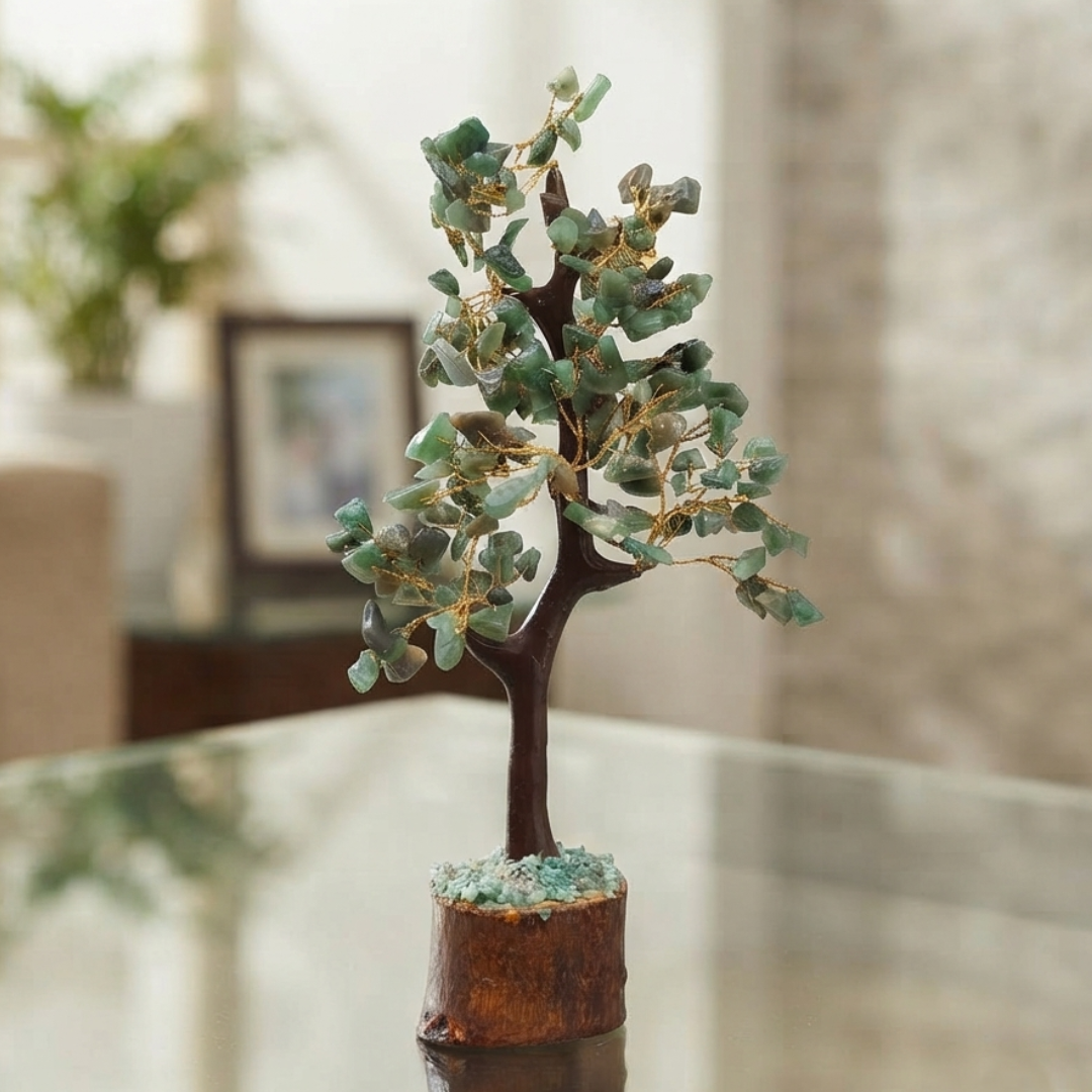 Green Jade Gemstone Tree With Wire Branches And Green Stone Chips