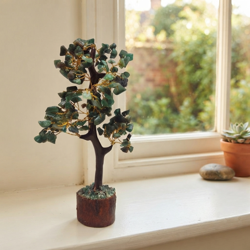 Green Jade Gemstone Tree Tabletop Decor With Brown Trunk And Base