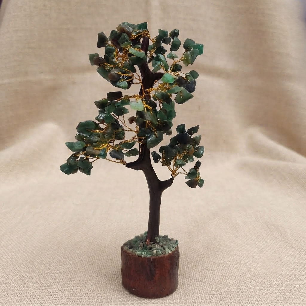 Green Jade Gemstone Tree Decorative Accent Standing On A Table Surface