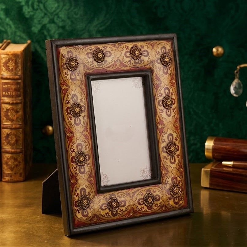 Hand painted floral wooden photo frame with ornate decorative border