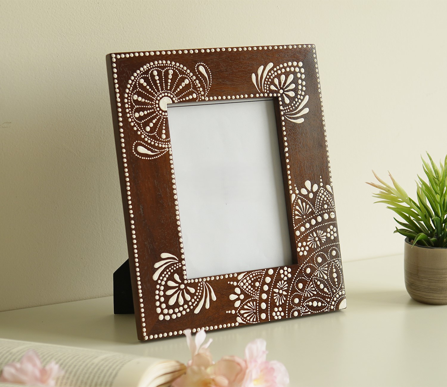 Hand painted wooden photo frame crafted from premium mango wood featuring traditional floral artwork and decorative handcrafted detailing.