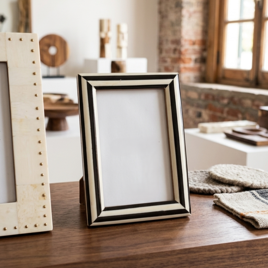 Handcrafted black and white bone inlay photo frame for wholesale home décor buyers