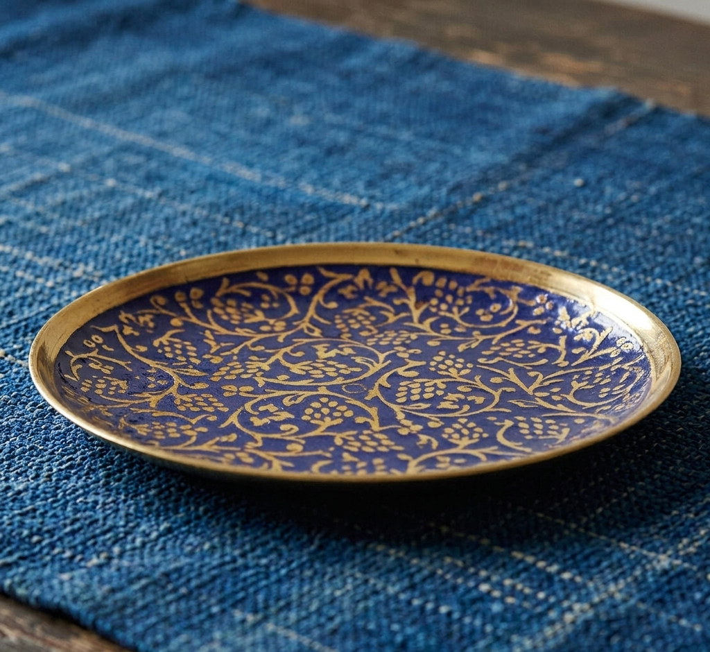 Premium brass decorative plate with blue enamel and intricate gold floral design for wall decor