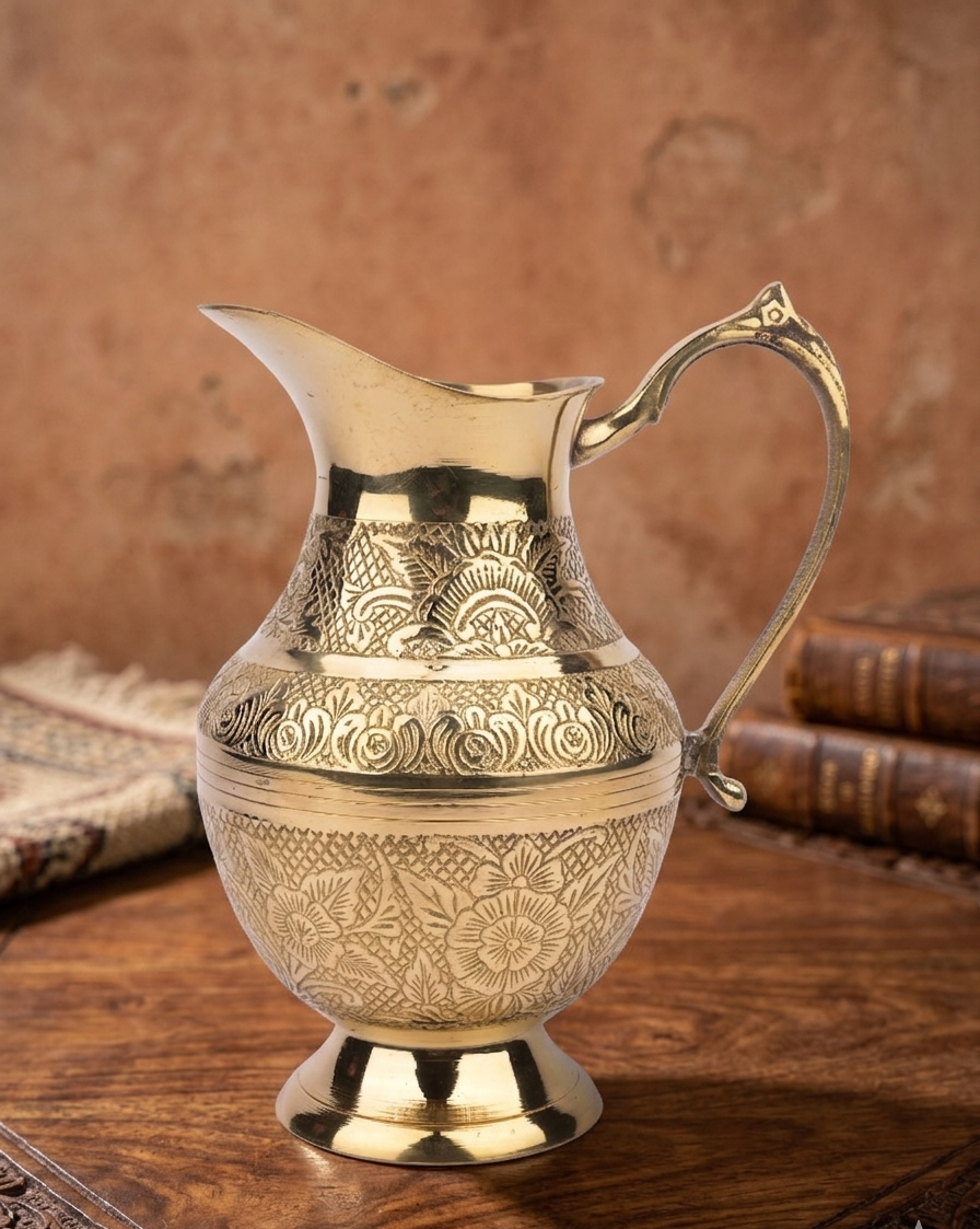 Handcrafted Vintage Brass Water Pitcher Jug with Floral Engraving for Home Decor