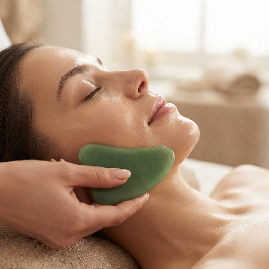 Jade Roller And Gua Sha Set Featuring Green Facial Roller And Curved Gua Sha Board