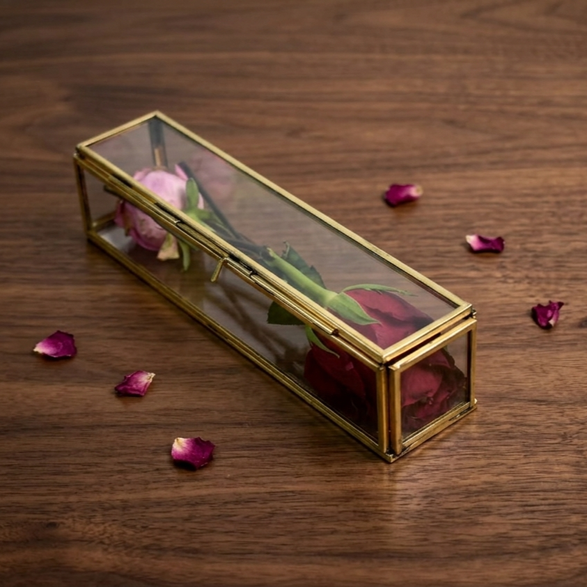 Luxury glass rose box with golden metal frame for elegant home decor and flower display