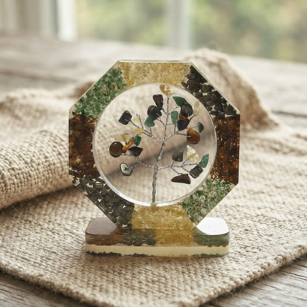 Orgonite Gemstone Tree Of Life Decor Piece With Geometric Clear Shape