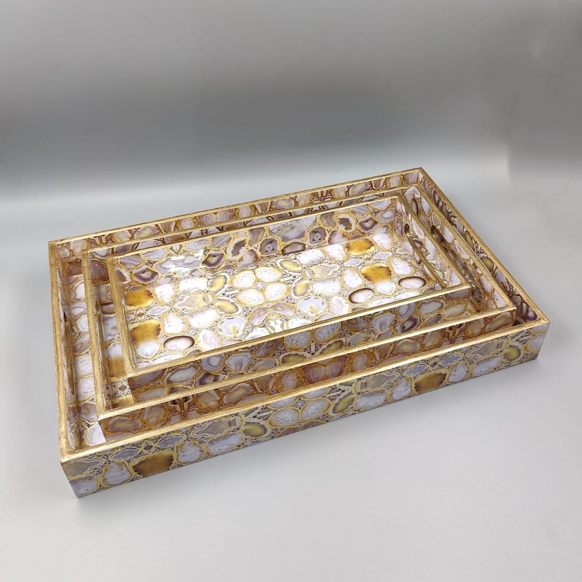 Rectangular agate pattern decorative tray set with gold edge made from MDF wood or resin
