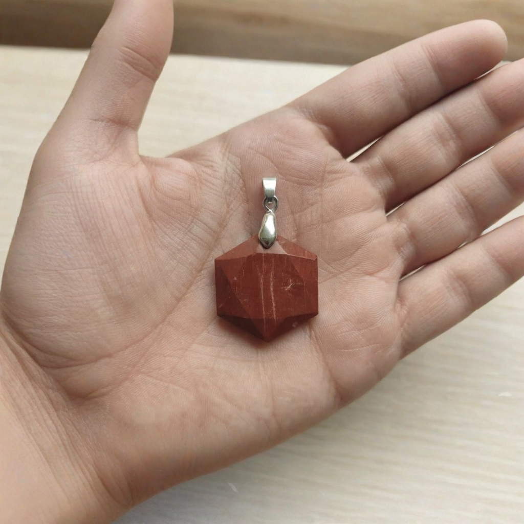 Faceted hexagon Red Jasper necklace shown worn around the neck