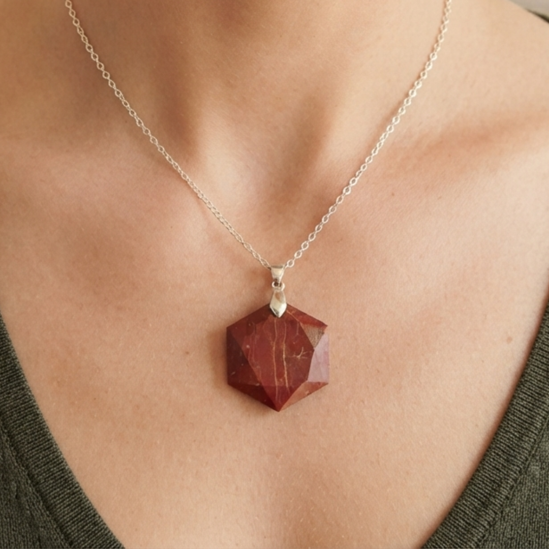 Red Jasper faceted hexagon pendant necklace with silver-tone bail and chain