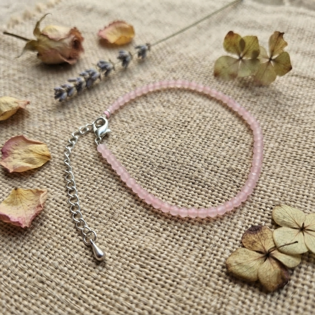 Rose Quartz Anklet Worn On Ankle With Beaded Design And Metal Clasp