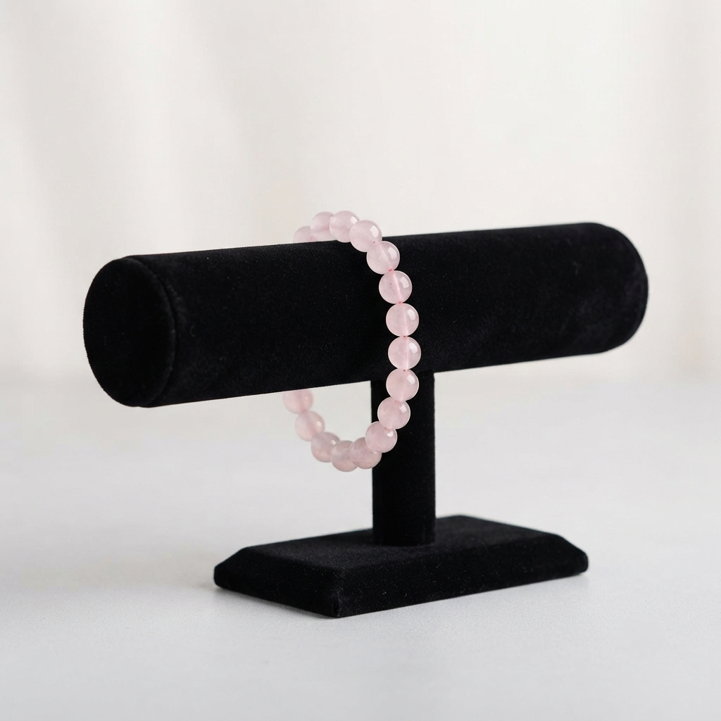 Rose Quartz Bracelet Showing Round Bead Design On Wrist