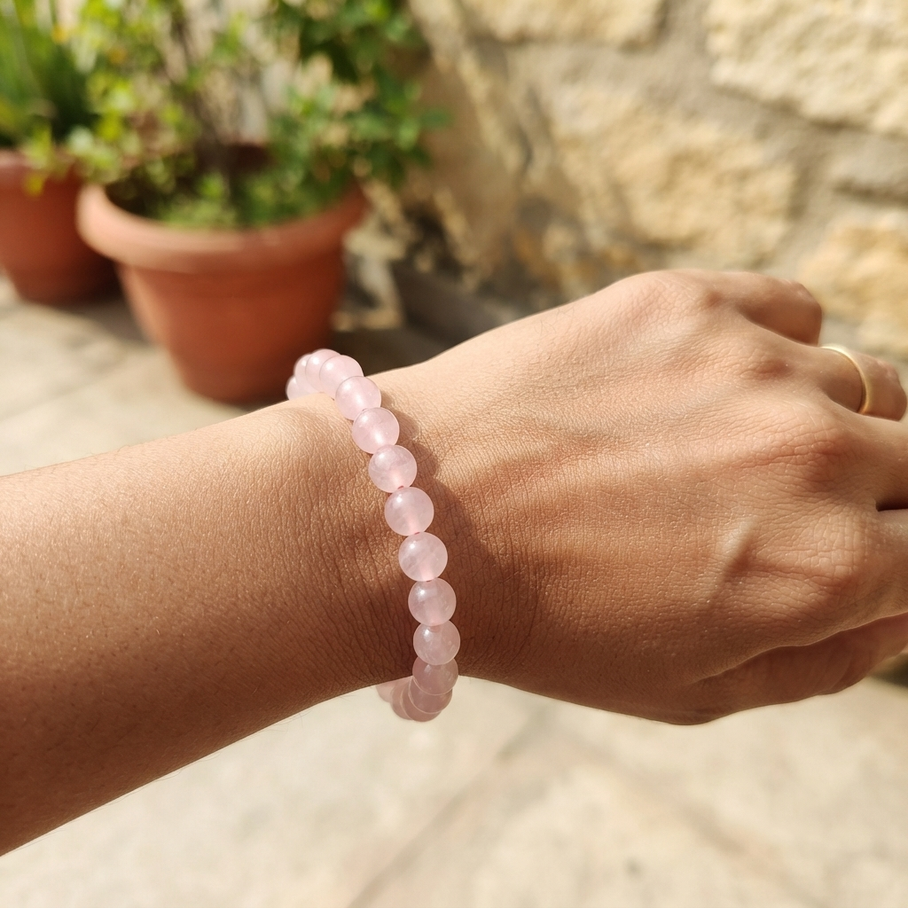 Light Pink Rose Quartz Bead Bracelet On Wrist