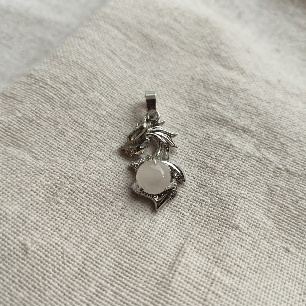 Rose Quartz Dragon Pendant Necklace With Light Pink Stone And Silver-Tone Bail