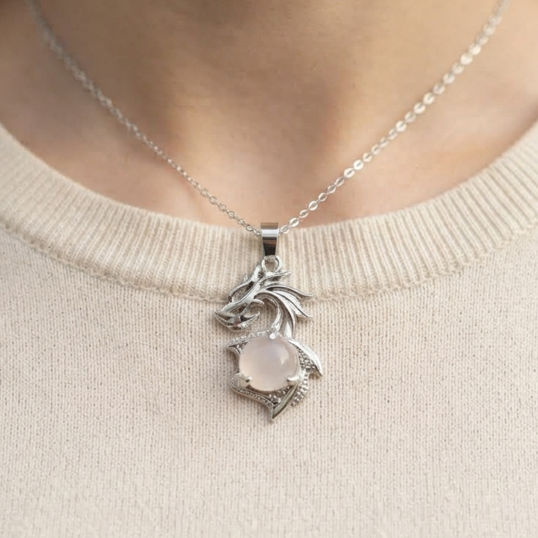 Rose Quartz Dragon Pendant Necklace With Light Pink Stone And Silver-Tone Bail