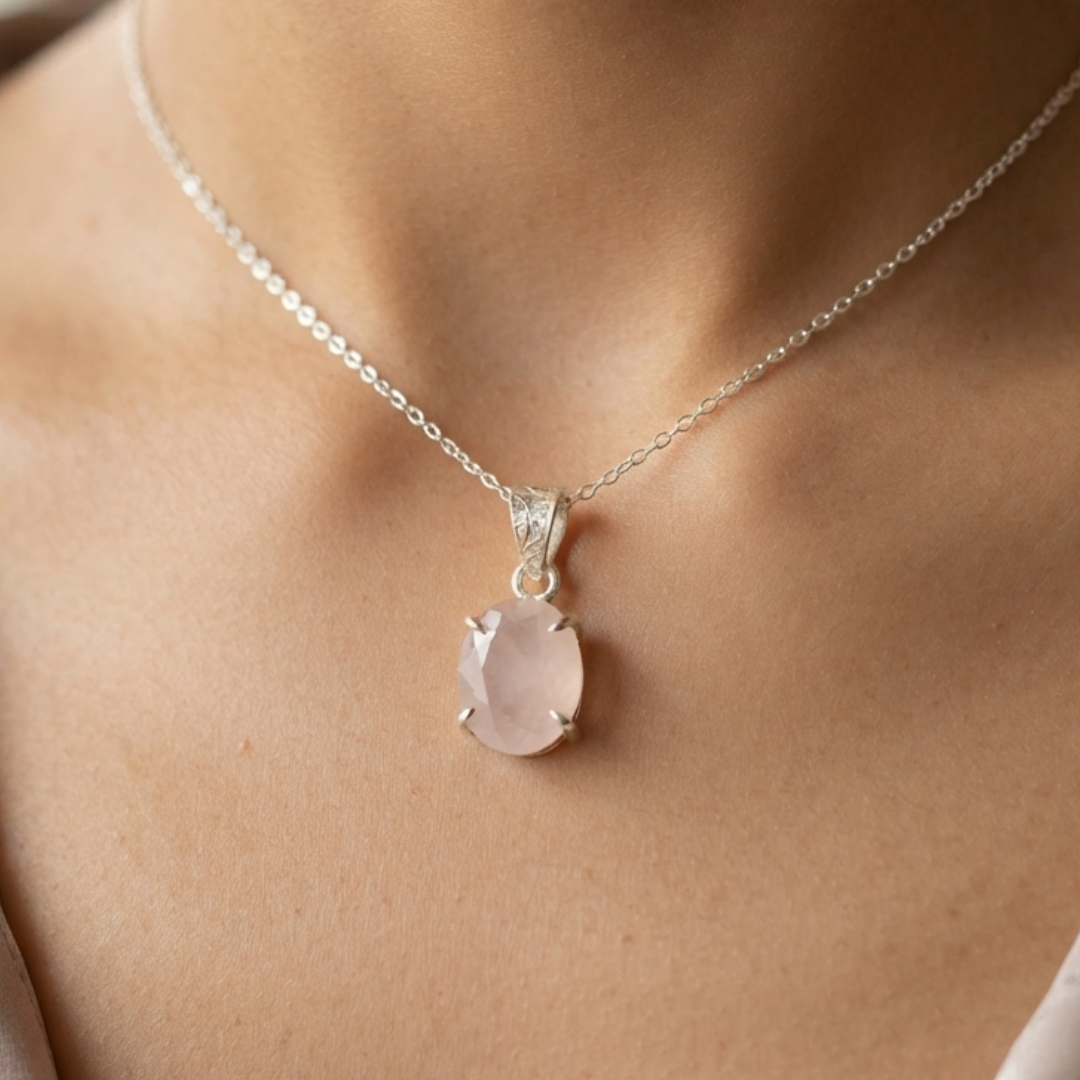 Rose Quartz Pendant Necklace Worn On Neck With Oval Pink Stone