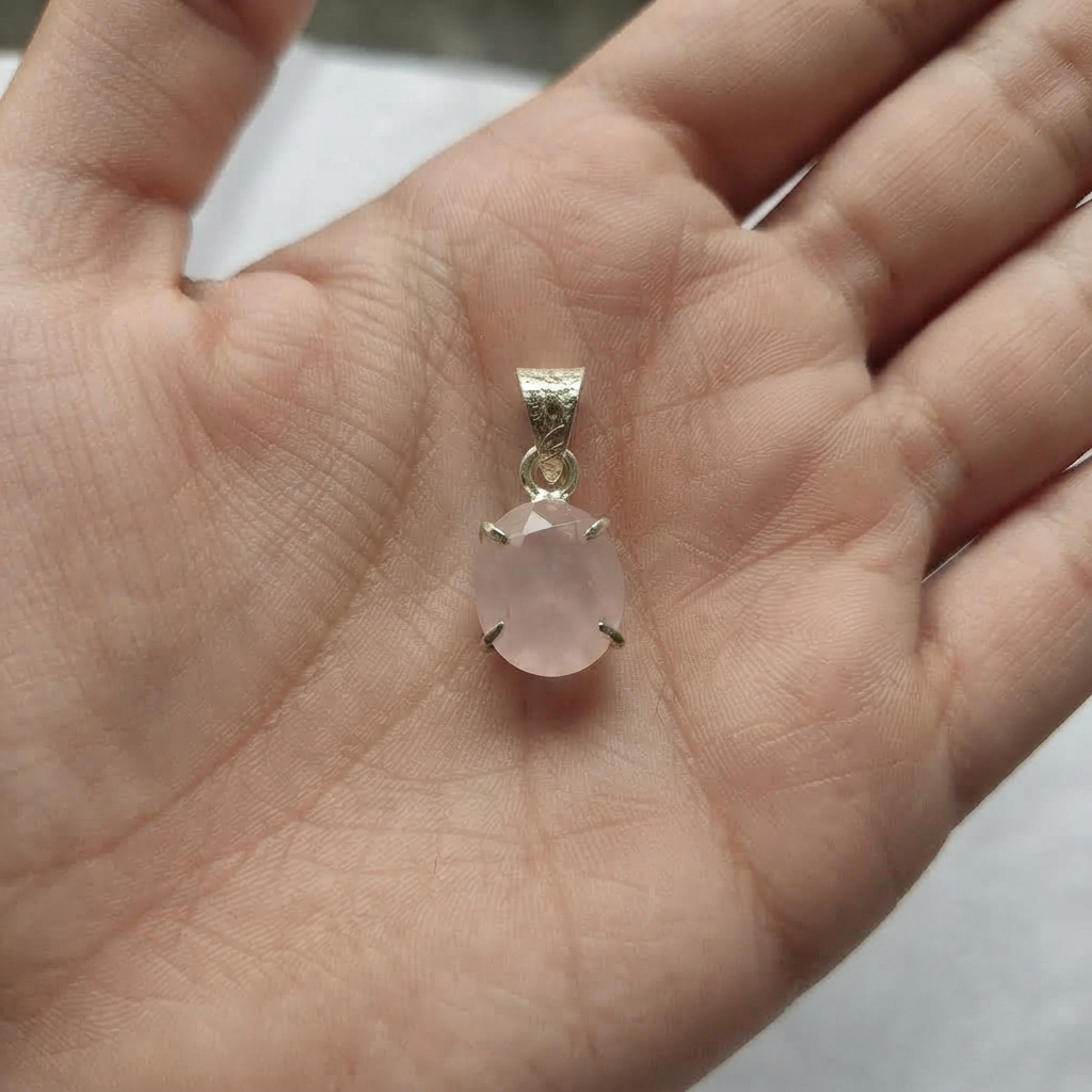 Rose Quartz Pendant On Silver Tone Chain Shown Worn In Photo