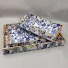 Blue Floral Decorative Serving Tray Set with Gold Edging for Wholesale