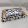 Handcrafted blue floral wooden serving tray set with elegant gold border.