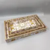 Decorative gold mirrored serving tray set with geometric pattern for luxury home décor.