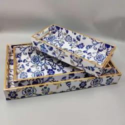 Blue Floral Decorative Serving Tray Set with Gold Edging for Wholesale