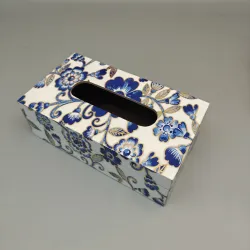 Decorative Wooden Tissue Box Cover with blue floral design for wholesale export