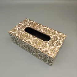 Handcrafted floral wooden tissue box cover with elegant gold and ivory decorative pattern.