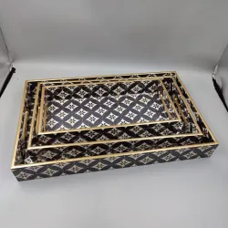 Geometric Nesting Serving Tray Set with Gold Accent Border