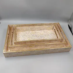 Premium Geometric Wooden Serving Tray Set with gold pattern for wholesale export