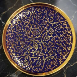 Handcrafted brass blue and gold floral decorative plate for luxury home decor and elegant serving