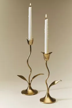 Handcrafted brass flower candle holder with botanical stem design