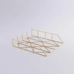 Modern brass decorative serving tray with geometric wireframe design