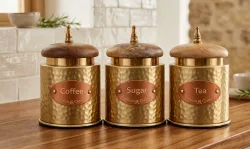 Premium Handmade Brass Coffee Tea Sugar Canister Set with Wooden Lid – Export Quality Handcrafted Kitchen Storage Containers by OneTrend India