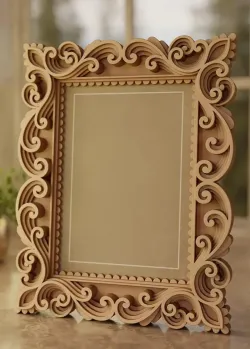 Handcrafted wooden photo frame made from premium mango wood featuring intricate carved scrollwork design for wholesale home décor and gift retailers.