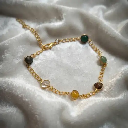 Gold Tone Bracelet With Multicolor Gemstone Beads Shown In Hand - 2nd View