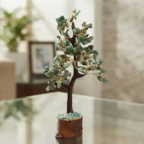 Green Jade Gemstone Tree With Wire Branches And Green Stone Chips