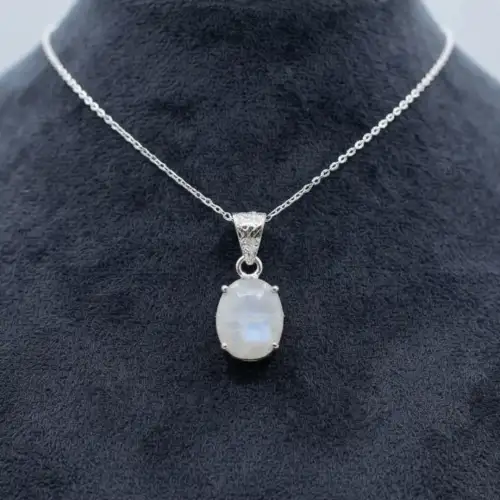 Rainbow Moonstone Pendant With Oval Cabochon On Silver Tone Chain