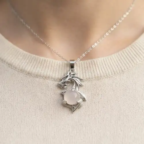 Rose Quartz Dragon Pendant Necklace With Light Pink Stone And Silver-Tone Bail